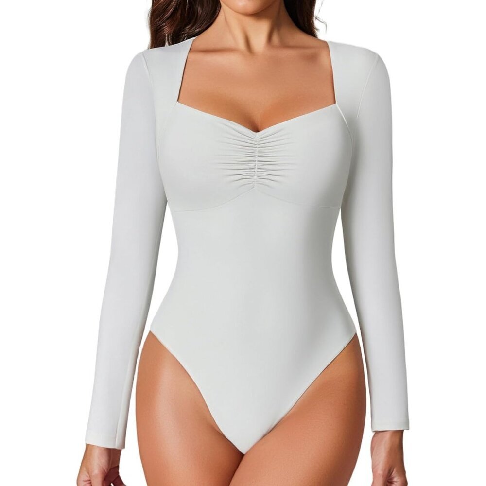 Women's Sexy Sweetheart Neckline White Bodysuit Long Sleeve Double Thong Tops